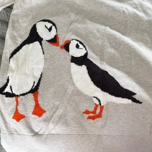 LOFT Gray Puffin Intarsia Sweater with Black, White and Orange Detail